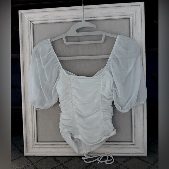 Emory Park white off the shoulder ruched bodycon top with puff sleeves S - Picture 2 of 11